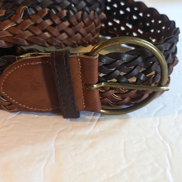 Womens Two Tone Black/Brown Woven Leather Belt Brass Buckle Edgy Boho Sz.M/L main image 7